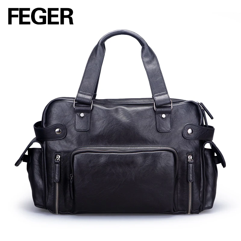 

FEGER new design fashion solid black pu leather travel duffel bag big volume mens handy weekend bag