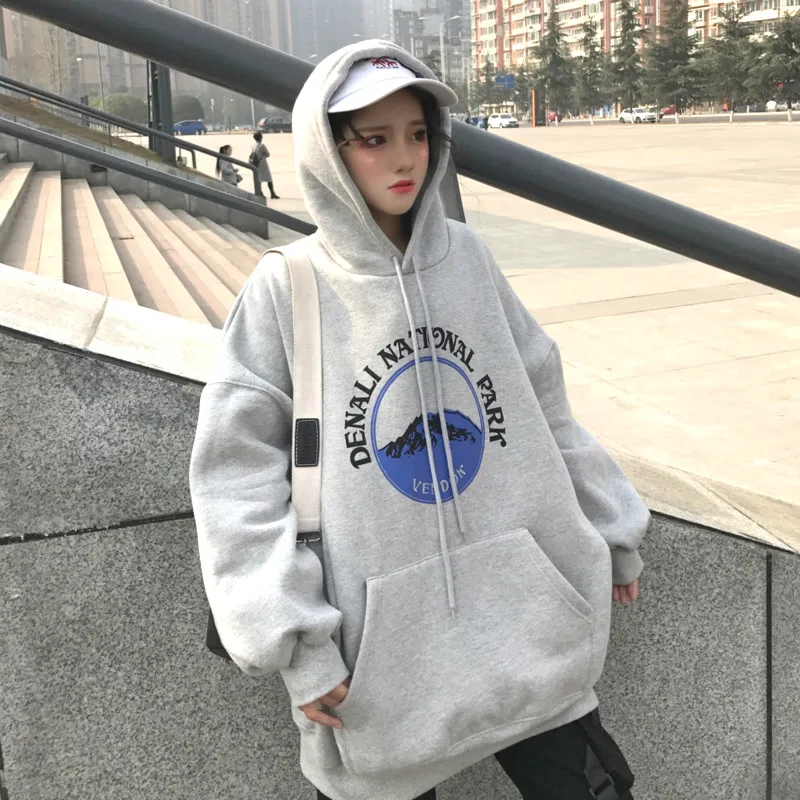 Harajuku модные зимние Mountain Письмо печати Для женщин толстовки с длинным рукавом