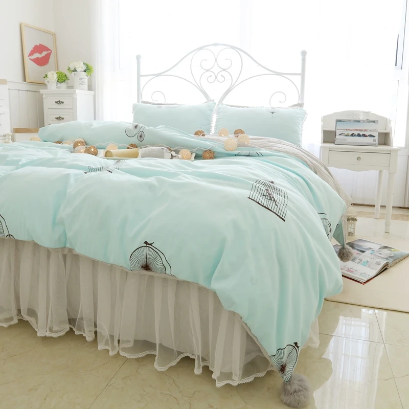 Washed Linen Cotton Korean Princess Lace 3 4pcs Bedding Sets