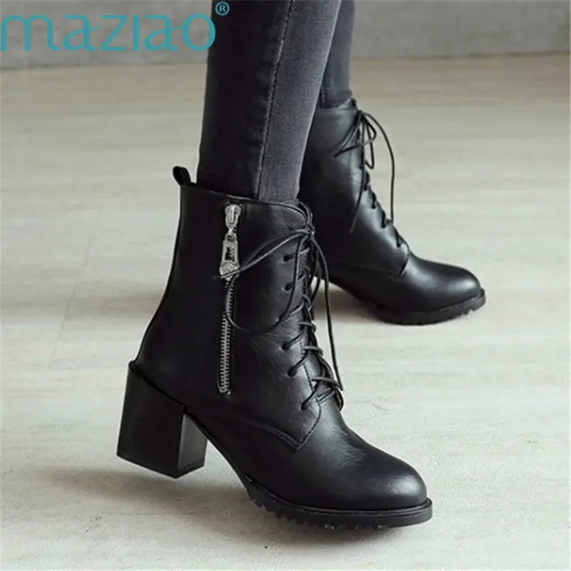 

Women Ankle Boots Shoes Round Toe Thick High Heels Leather Lace Up Shoes Punk Style Martin Short Boots MAZIAO