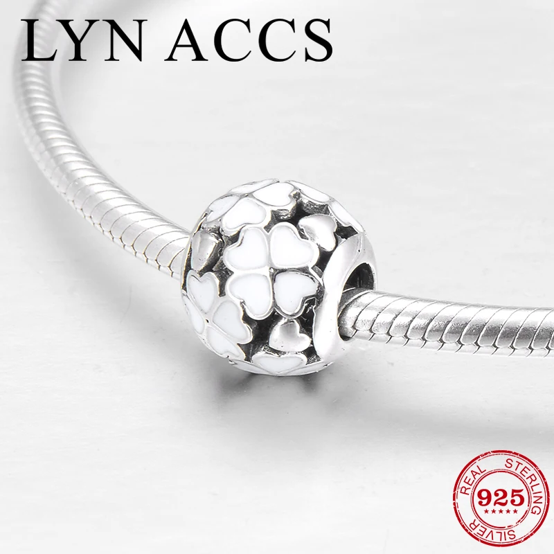 

Real 925 Sterling Silver Round Lucky Clover White Enamel Fine Bead Charm DIY Jewelry making fit Original Pandora Charms Bracelet