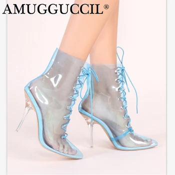 

2020 New Plus Big Size 35-45 Blue Yellow Nude Fashion Lace Up Sexy High Heel Clear Spring Summer Female Ladies Women Boots X1810