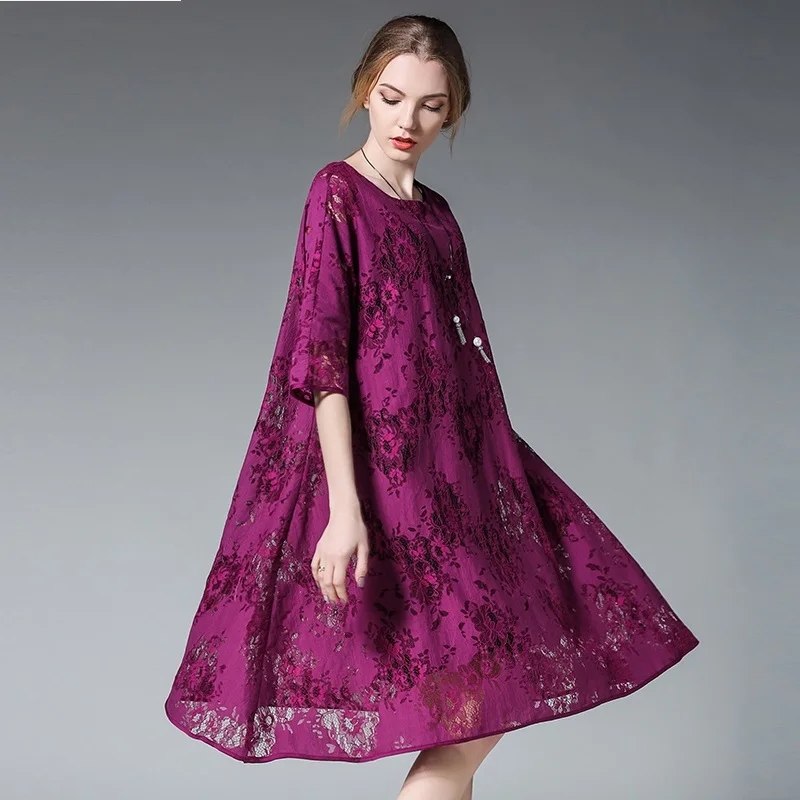 2017Summer Female plus size elegant loose fit Lace Dress high end