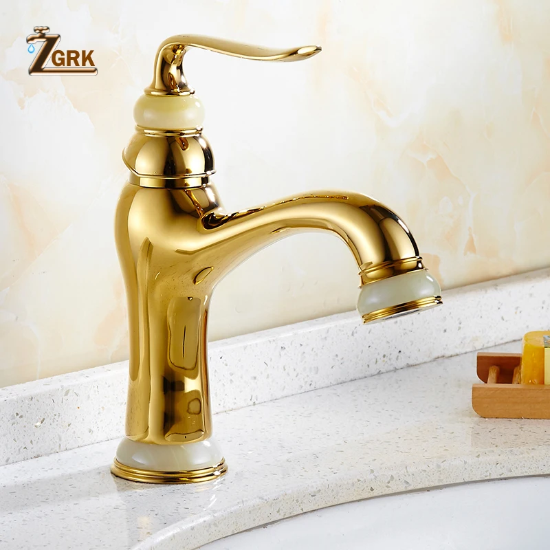

ZGRK European style jade basin faucet deck mounted hot and cold Water Tap gold antique faucet