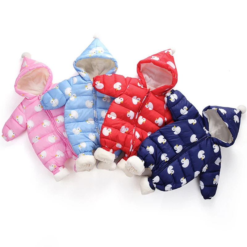 2018 Cute Cartoon Newborn Baby Girl Clothes Winter Hooded Rompers Warm Cotton Outfit Pink Jumpsuit Infant Baby Onesie Costume