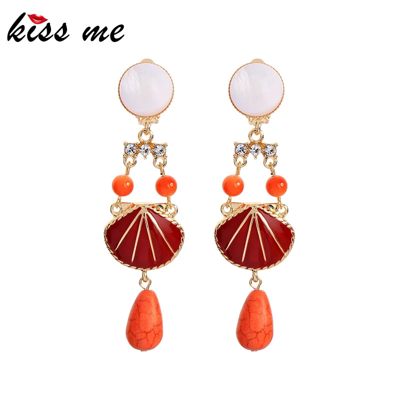 

kissme Ethnic Unique Enamel Shell Synthetic Stone Drop Earrings For Women Crystal Alloy Ear Clip No Ear Hole Fashion Accessories