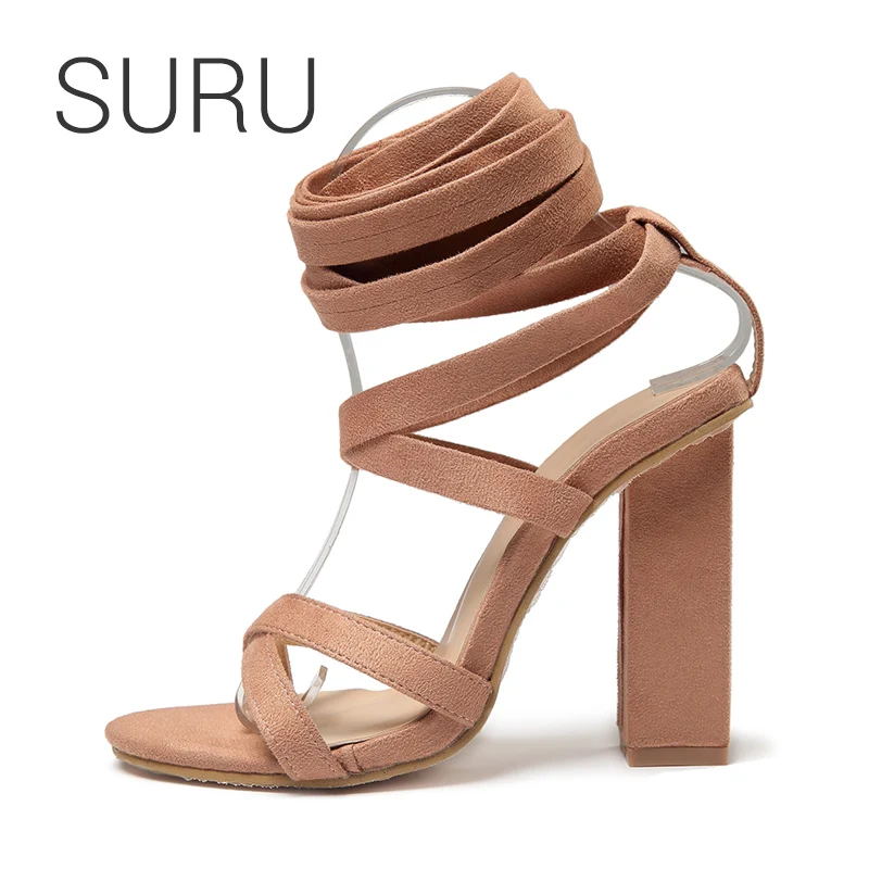 

SURU Square High Heels Gladiator Sandals Women Block Heels Shoes Red Plus Size 35-42