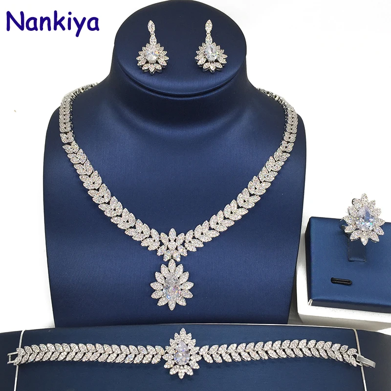 

Nankiya Elegent Cubic Zircon 4pcs Necklace Jewelry Wedding Bridal Set Leaf Waterdrop Rhinestone Jewelry Set For Lady Dress NC201