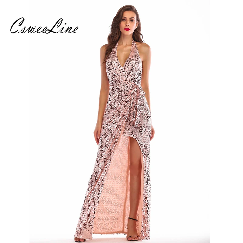 Womens Rose Gold Sequin Long Dress For 