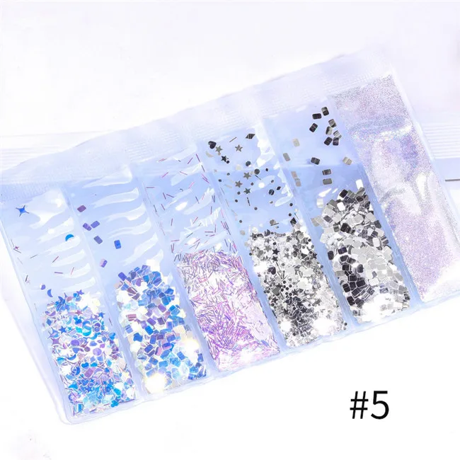 6 моделей/сумка голографический блестящий для ногтей блестки порошок смешанный размер пигмент для ногтей пыль красочные хлопья 3D украшение для ногтей DIY - Цвет: 5