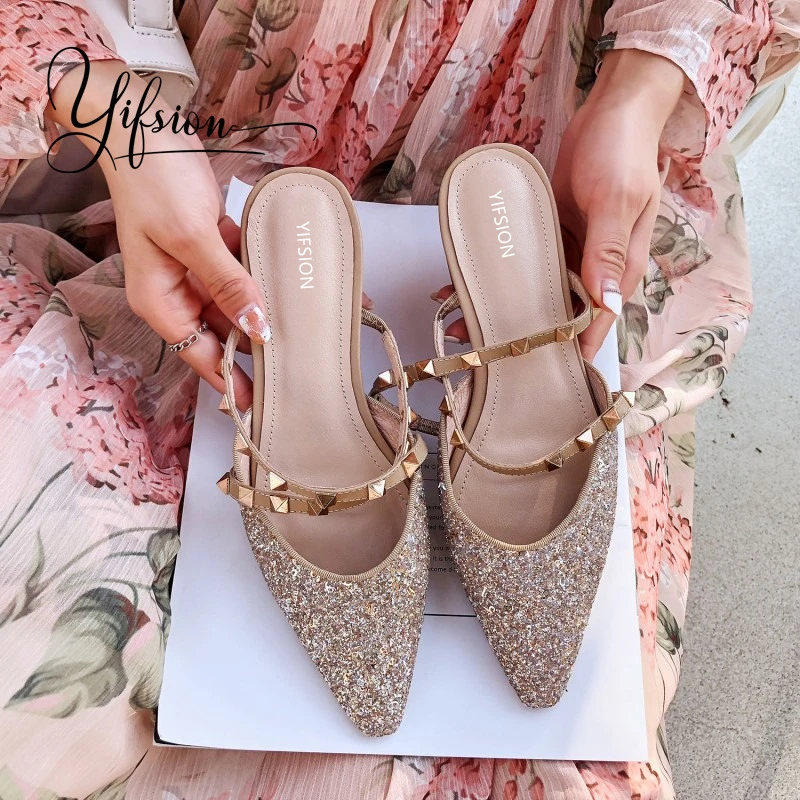 

OLOME New Spring Summer Gold Blingbling Shoes Woman Slippers Pointed Toe Metal Studded Women Shoes Slippers Mules Shoes Woman
