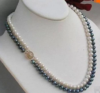 

2 rows 8-9 mm black + white Akoya SOUTH SEA pearl necklace 18" Factory Wholesale price Women Gift word JewelryCZ Luxury Ms. girl