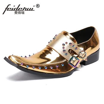 

Plus Size Luxury Pointed Toe Man Bridal Wedding Loafers Italian Spiked Patent Leather Men's Monk Straps Banquet Punk Shoes SL225