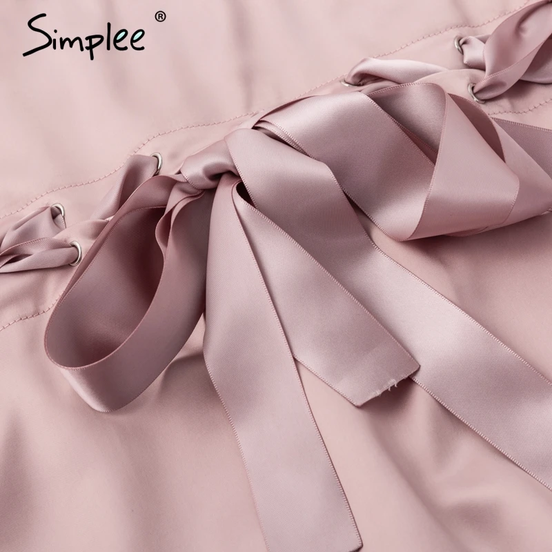 Simplee Elegant satin basic jacket coat Women lace up pocket biker jacket outerwear Autumn winter casual bomber jacket female Simplee Elegant satin basic jacket coat Women lace up pocket biker jacket outerwear Autumn winter casual bomber jacket female