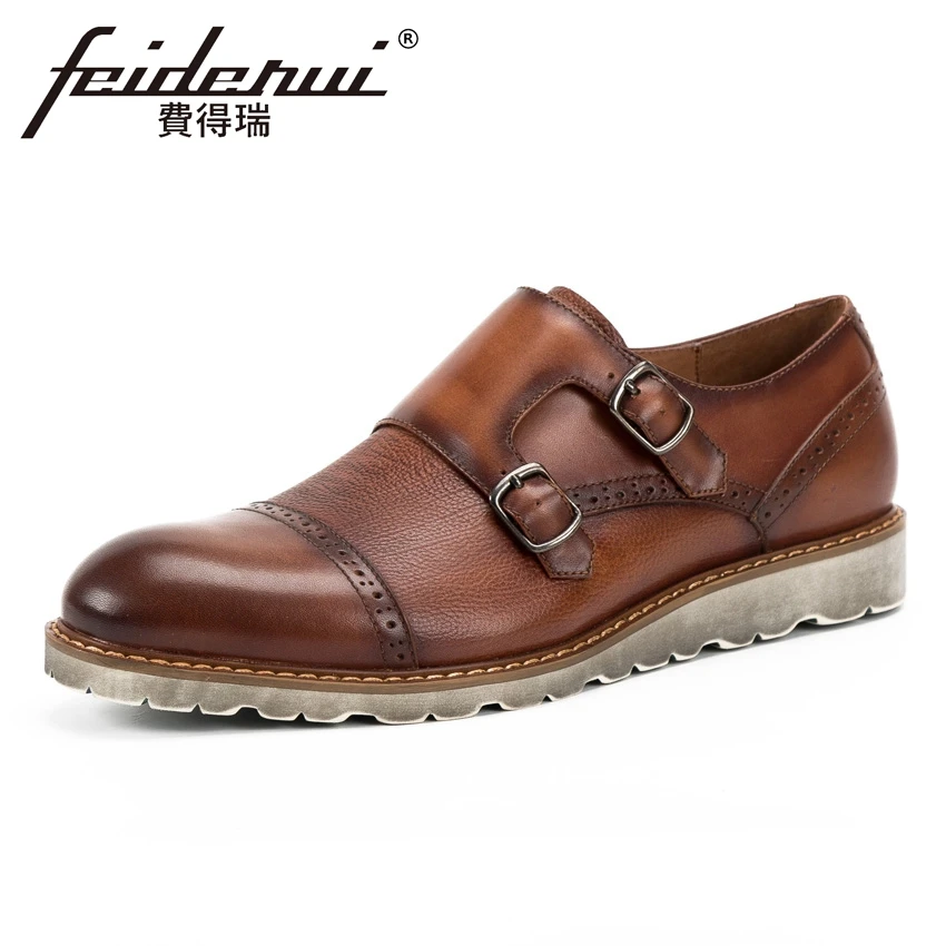 

New Vintage Genuine Leather Men's Handmade Monk Strap Flat Platform Round Toe Man Carved Formal Dress Semi Brogue Shoes KUD178