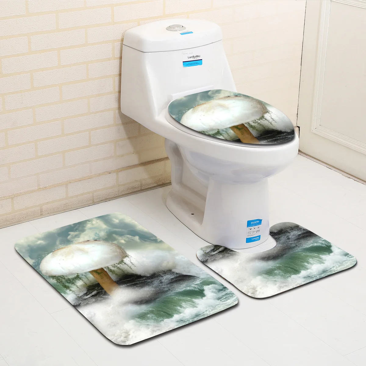 Zeegle Scenery Painted 3pcs Washable Toilet Bath Mats Set Flannel