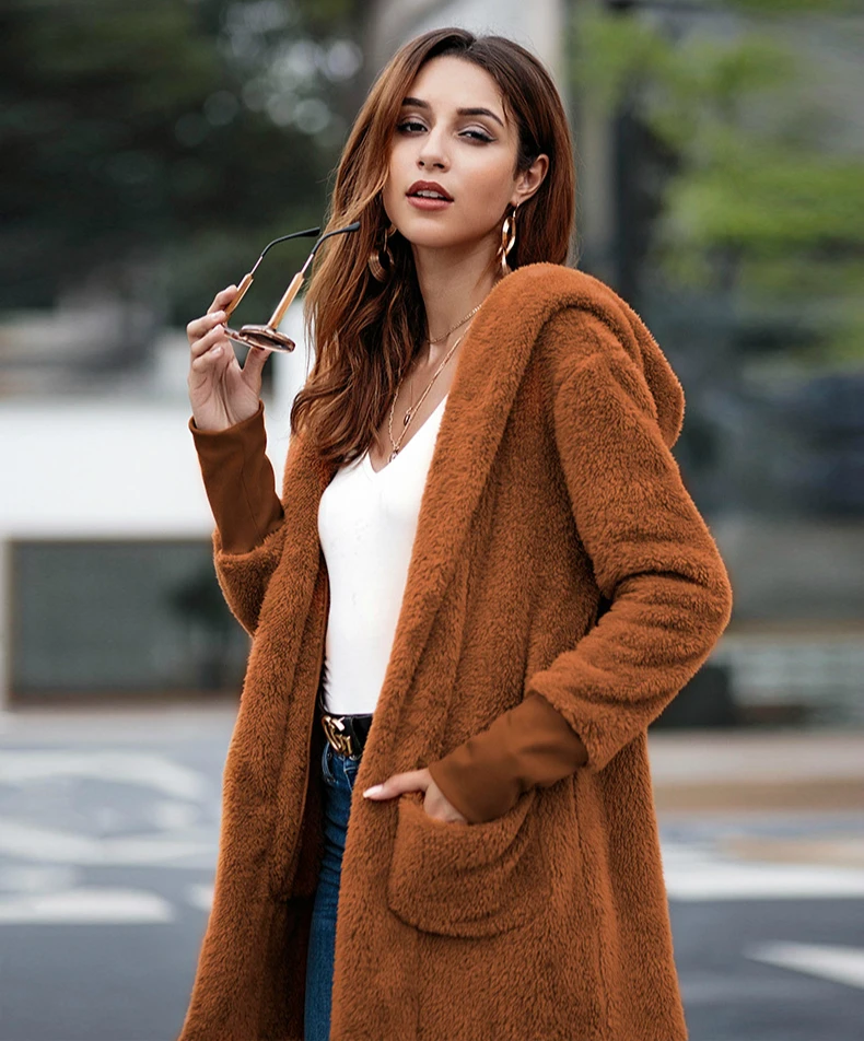 

Velvet Pocket Hooded Women Coat Vintage Medium Length Jacket Outerwear Womens Manteau Femme Hiver Khaki Grey Pink Caramel Color