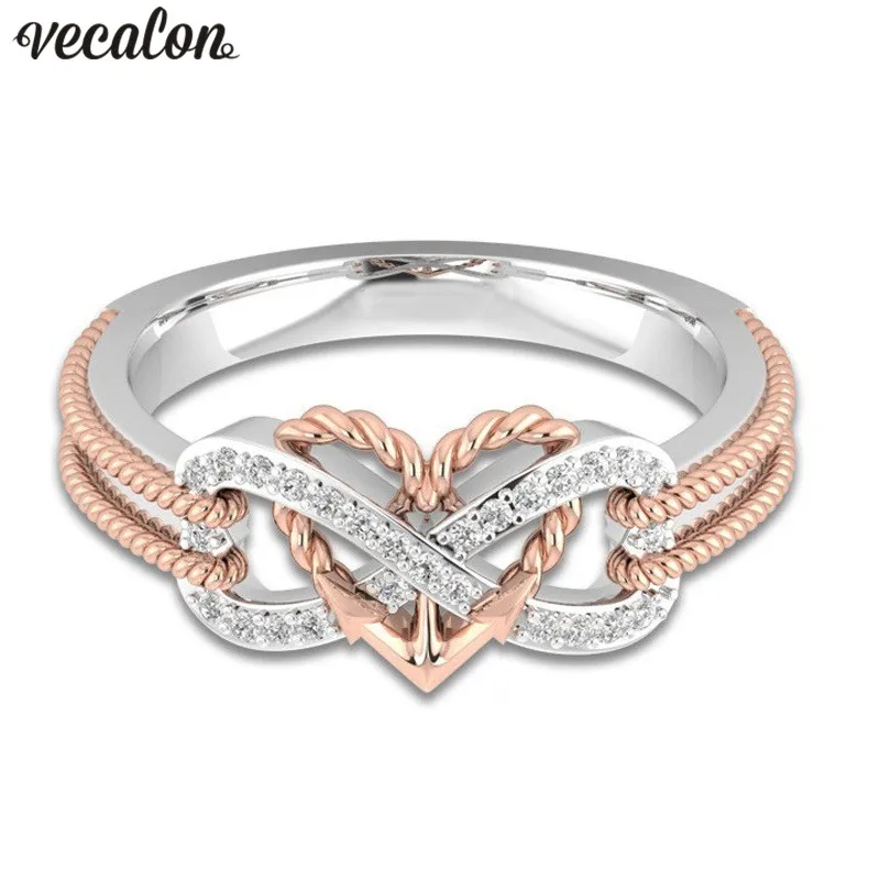 Кольцо в форме сердца Vecalon AAAAA обручальное кольцо из розового белого золота с