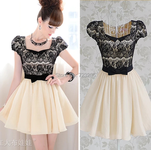 New Arrival Fashion Lady Cute Pleated Dress with Lace Square Neck Slim