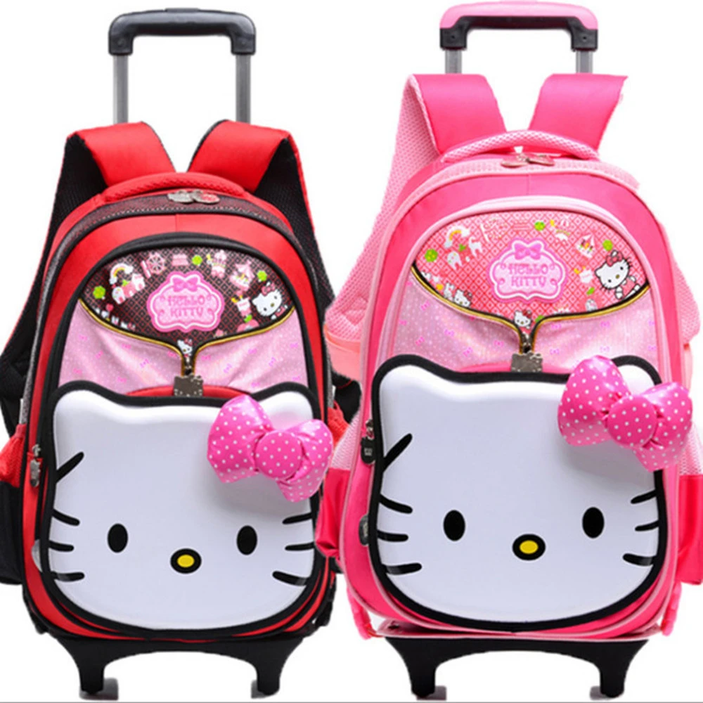 Nuevos niños la llegada niños ocasionales de dibujos animados Hello Kitty carro Schoolbag para las niñas con ruedas Mochila Feminina|bag vacuum|bag channelbags for retail stores AliExpress