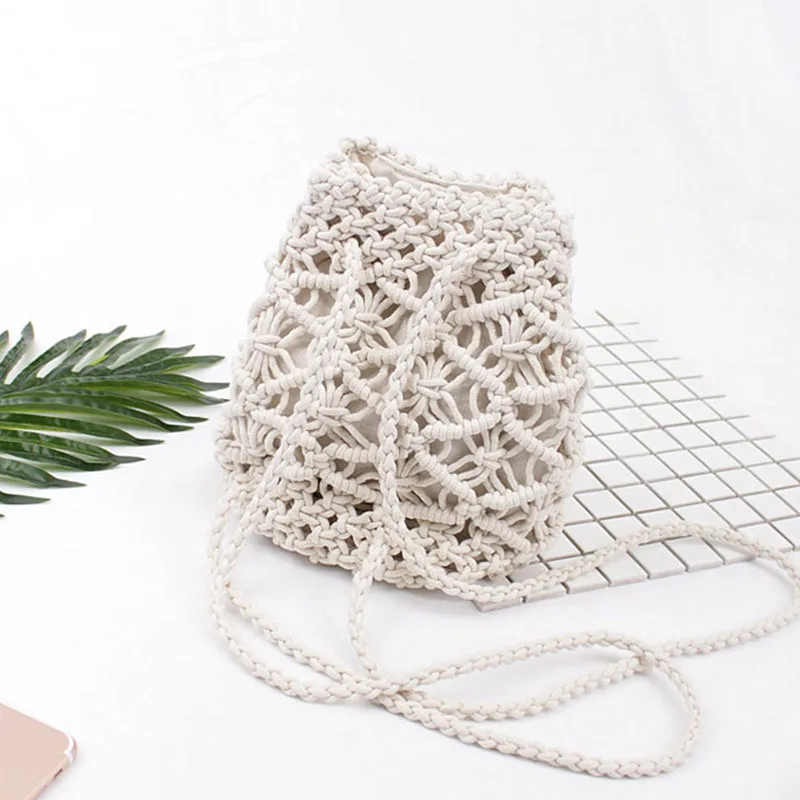 Vintage Woven backpack cotton rope bucket small straw bag vacation travel mini fresh backpack hand-woven bags 3
