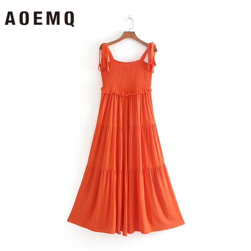 

AOEMQ Fashion Dresses Sun Ocean Light Orange Dresses Elastic Force Tank Linen Sexy Draped Solid Cool Lady Dresses Clothing