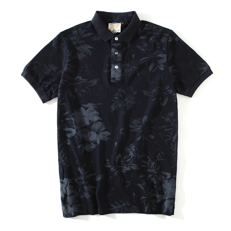 GustOmerD Летняя мужская рубашка поло с цветочным принтом, хлопок, мужская рубашка с воротником, тонкая рубашка поло с коротким рукавом - Цвет: Navy