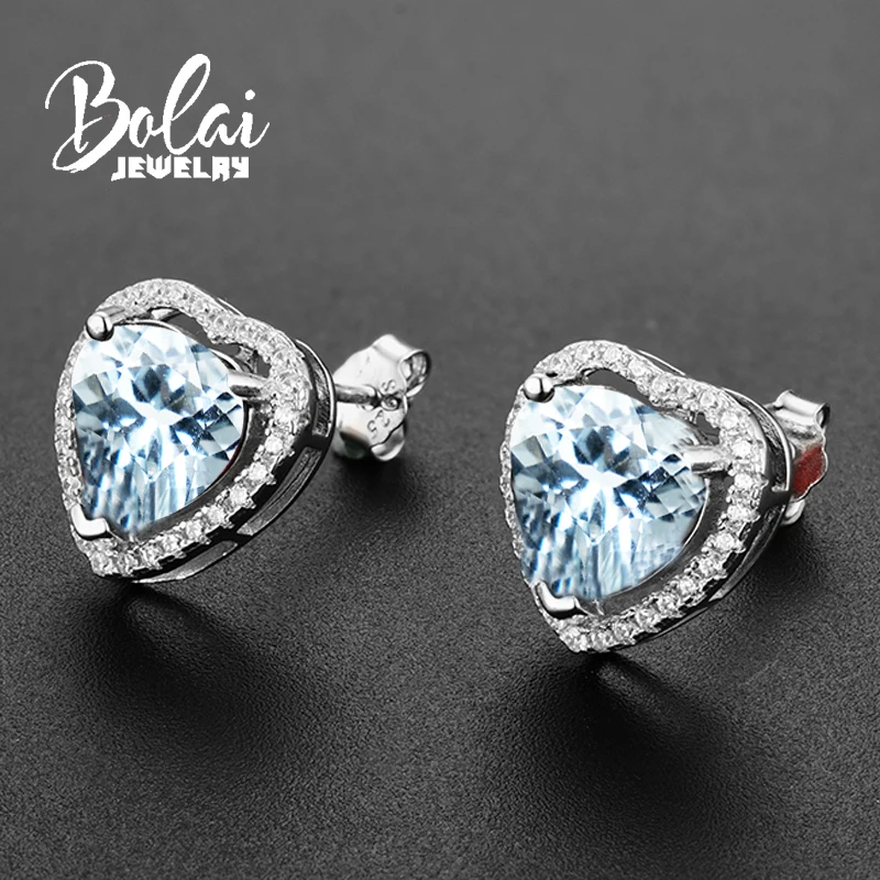 Bolaijewelry,, горячая Распродажа, в форме сердца, милые романтические серьги с натуральным аквамариновым камнем, серебро 925 пробы, хорошее ювелирное изделие для женщин