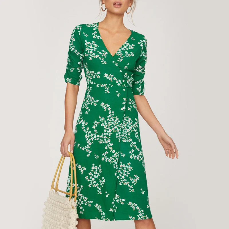 

Melegant Green Floral Feminine Summer Dresses High Waist Wrap Casual Boho Dress Beach Sashe Lace up Women Boho Dress Vestidos