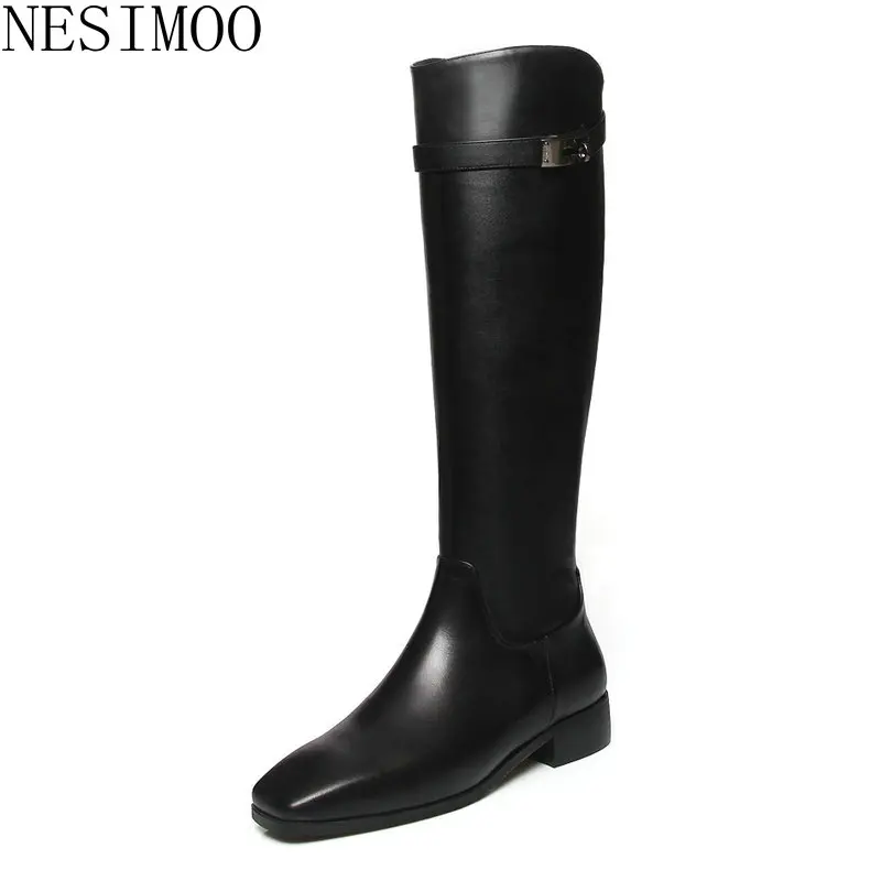 

NESIMOO 2019 Fashion Women Boots Square Toe Genuine Leather Square Low Heel Zipper Black Basic All Match Ladies Shoes Size 34-43