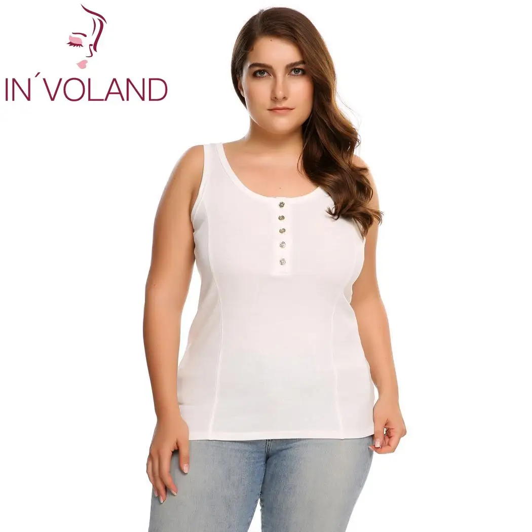 

IN'VOLAND Women's Casual Tank Tops Summer Plus Size Sleeveless Scoop Neck Slim Button Front Solid Ladies Tops Overesized 5XL
