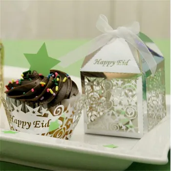 

HAOCHU 50Pcs/lot Happy Eid Mubarak Party Favors Gift Boxes Gold Silver Candy box Laser Cut for Ramadan Party Muslim Party Decor
