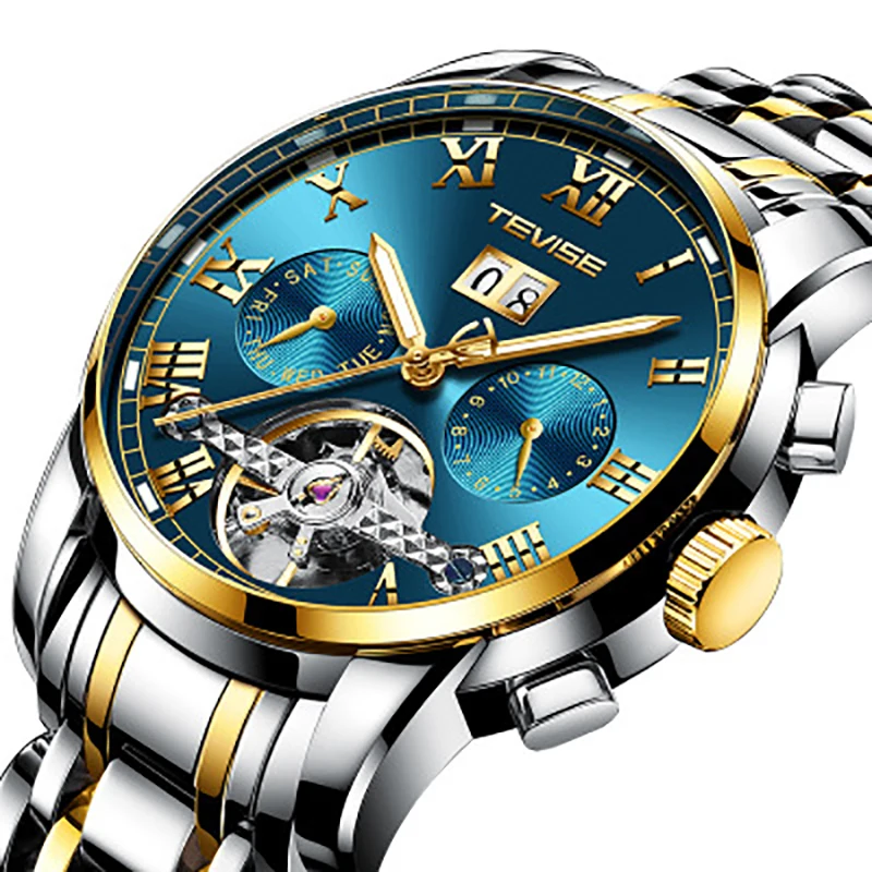 Топ люксовый бренд TEVISE мужские часы s Нержавеющая сталь турбийон Календарь автоматические механические наручные часы Relogio Masculino9005