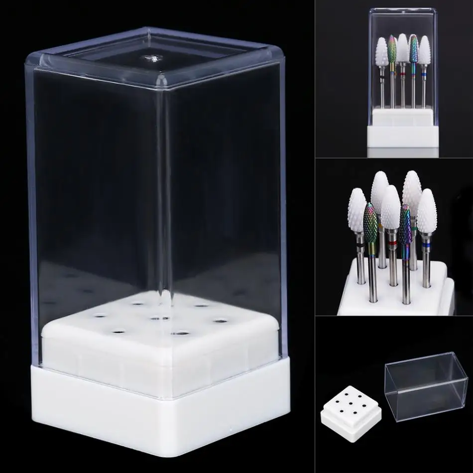 

7 Holes Nail Drill Bit Holder Display Standing With Cover Storage Case Organizer Nail Drills Bits Box Nail Art Equipment