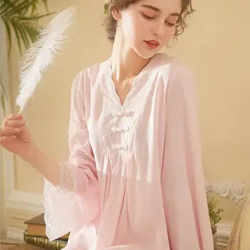 

2019 autumn new cotton sweet princess sleep dress lace patchwork roft beautiful full sleeve v-neck female Nightgowns gx1185