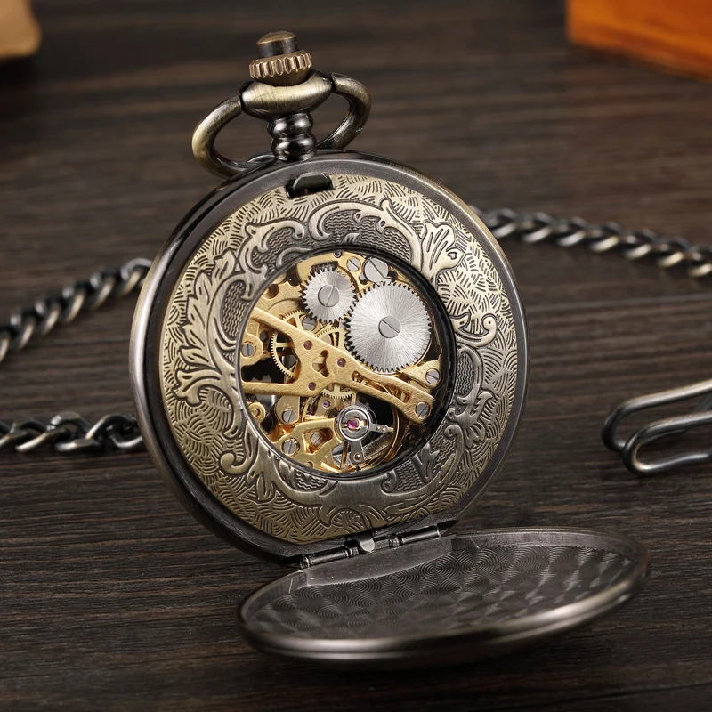Ретро Бронзовый руль полый дизайн механический ручной Ветер карманные часы уникальный двусторонний открытие скелет брелок карманные часы цепь