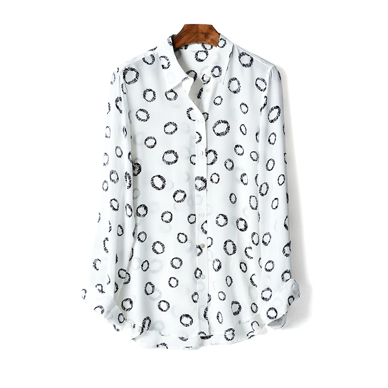 

Two Colors Women Blouses Silk Long Sleeve Fresh Print Shirts Big Size White Black Red Turn-down Collar