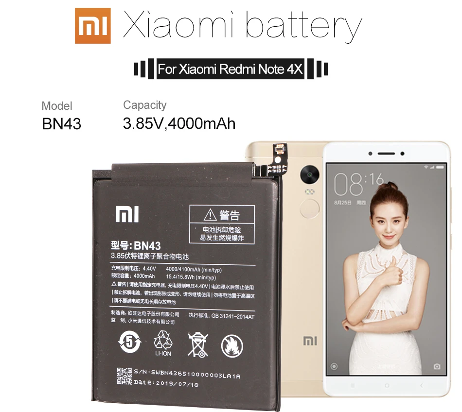 Original Phone Battery for Redmi Note 4X 3G+32GB Battery Xiaomi hongmi Note 4 Global BN43 Replaceme