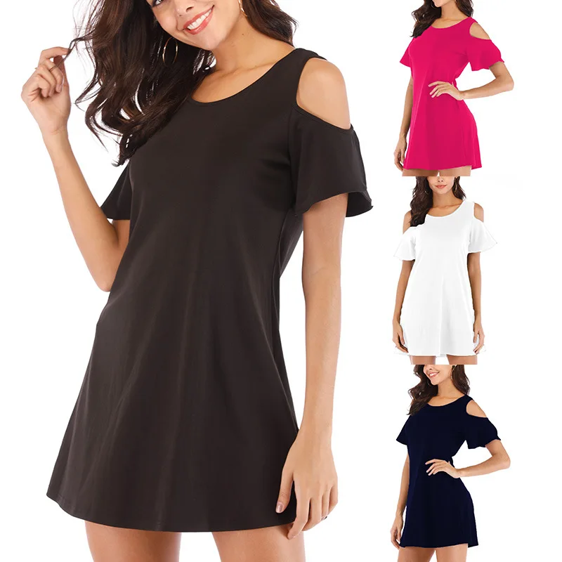 

Off Shoulder Flared Sleeve Mini Dresses For Women Spring Summer Solid Color O Neck Knee Dress High Quality Casual Party Vestidos