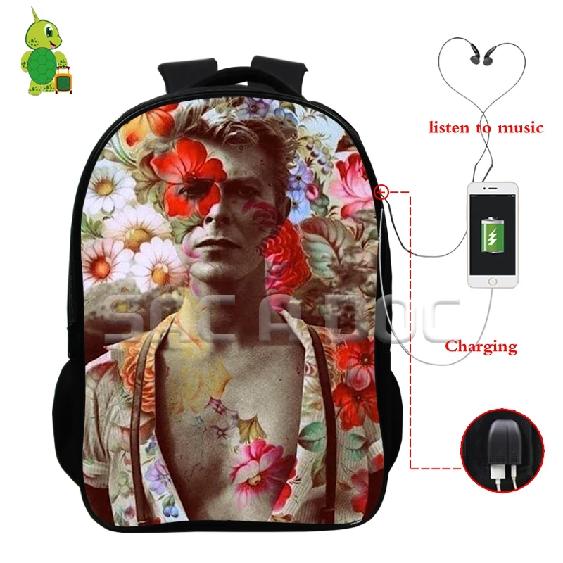 

Famous Rock Star David Bowie Backpack USB Charge Headphone Jack Laptop Bags Multifunction College Students School Travel Bags