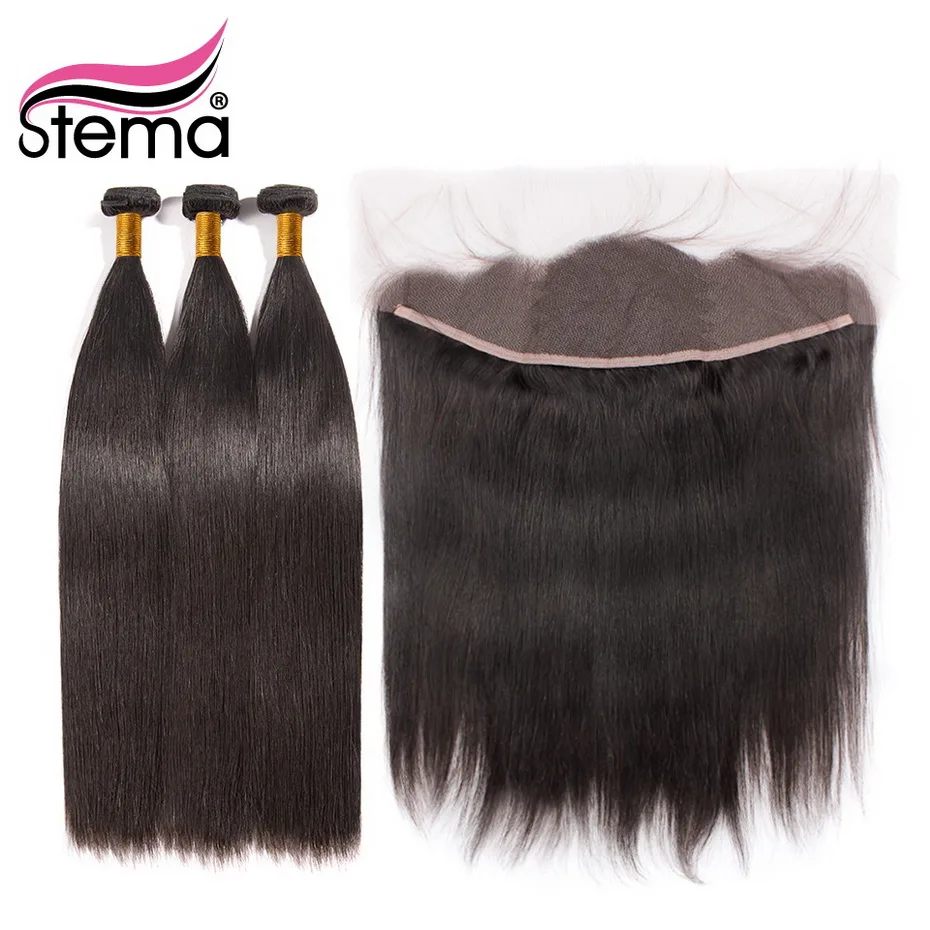 

Stema Hair Brazilian Straight 3 Bundles With 13x4 Lace Frontal Deal Human Hair Bundles Swiss Lace Frontal Non-Remy Hair