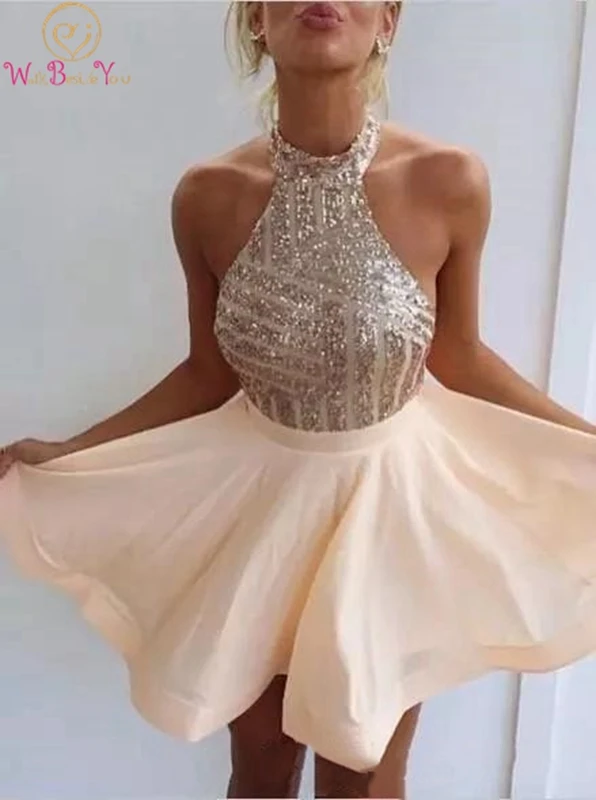 

Champagne Short Mini Skirt Prom Dresses A-line Sexy Backless Sequined Sleeveless Halter Custom Made Cheap Zipper Evening Dress