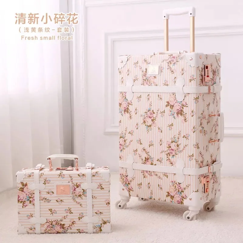 2PCS/SET Vintage Floral PU Travel Bag Rolling Luggage,13"20"22"24"26"inch Women Retro Trolley Suitcase Bag On Universal Wheels