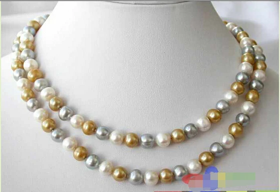

FREE SHIPPING>>>@@ > P1479 33" 9MM GOLD WHITE GRAY ROUND FRESHWATER CULTURED PEARL NECKLACE ^^^@^Noble style Natural Fine jewe &