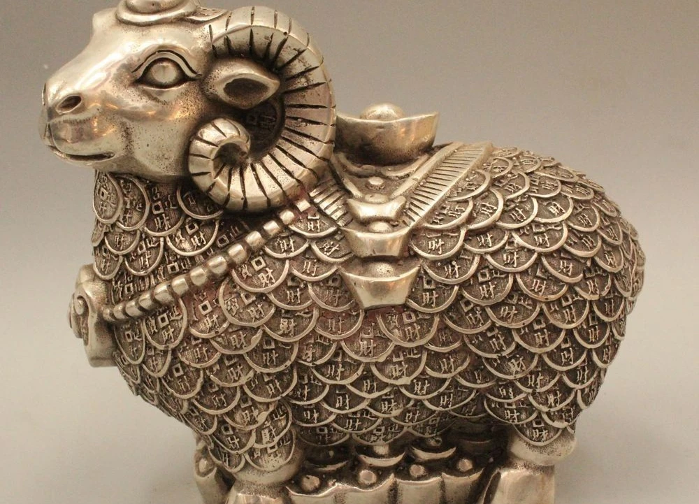 

5" Chinese Folk Silver Wealth Zodiac Year Sheep Yuan Bao Money Statue Sculpture