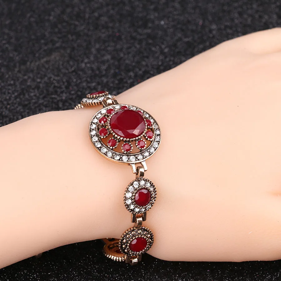 Metal Bracelet Bohemian Bracelets For Women Tibetan Alloy Red Resin Gold Color Bangle Retro Turkey Royal Jewelry