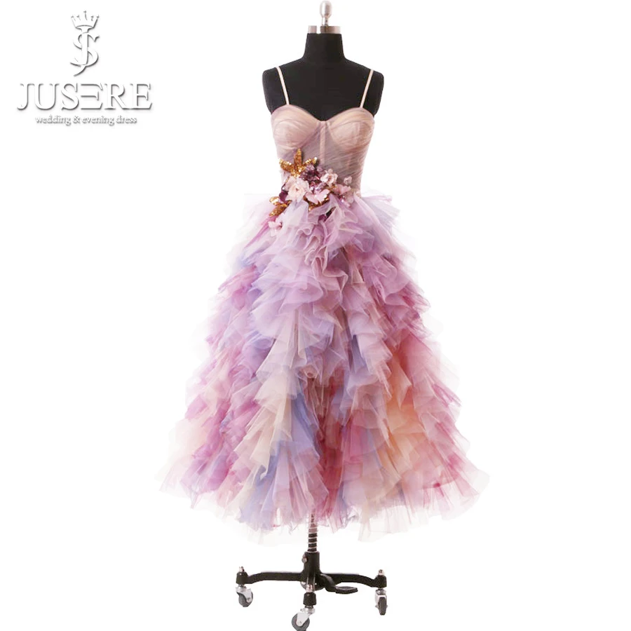 

Jusere 2019 Colorful Fairy Tired Ruffles Spaghetti Straps Tea Length Formal Evening 3D Sequins Lace Appliques Prom Dresses