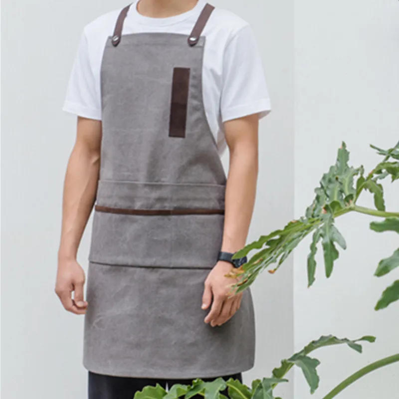Gray Coffee Washed Canvas Apron Cotton Leather Straps E11-4