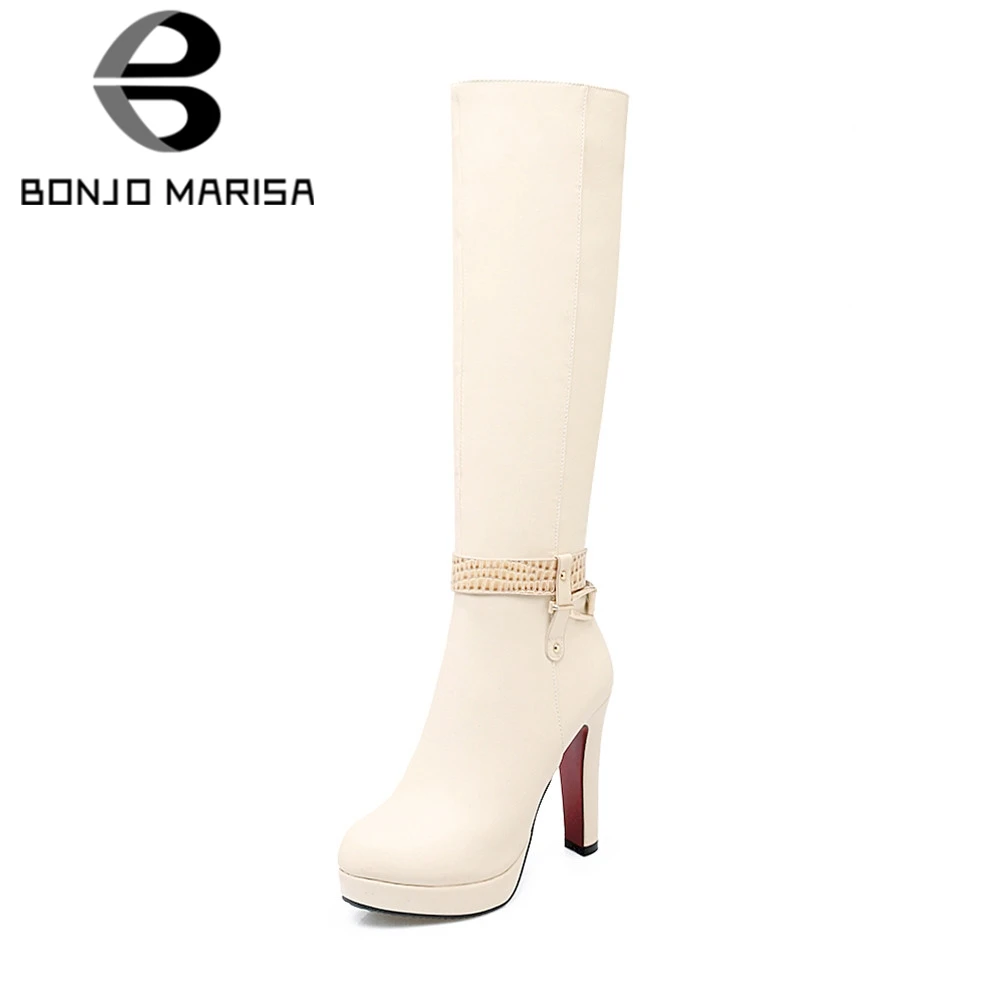 

BONJOMARISA 2018 Winter Big Size 33-43 Fashion Strap Knee High Boots Women Apricot Fur Boots High Heels Platform Shoes Woman