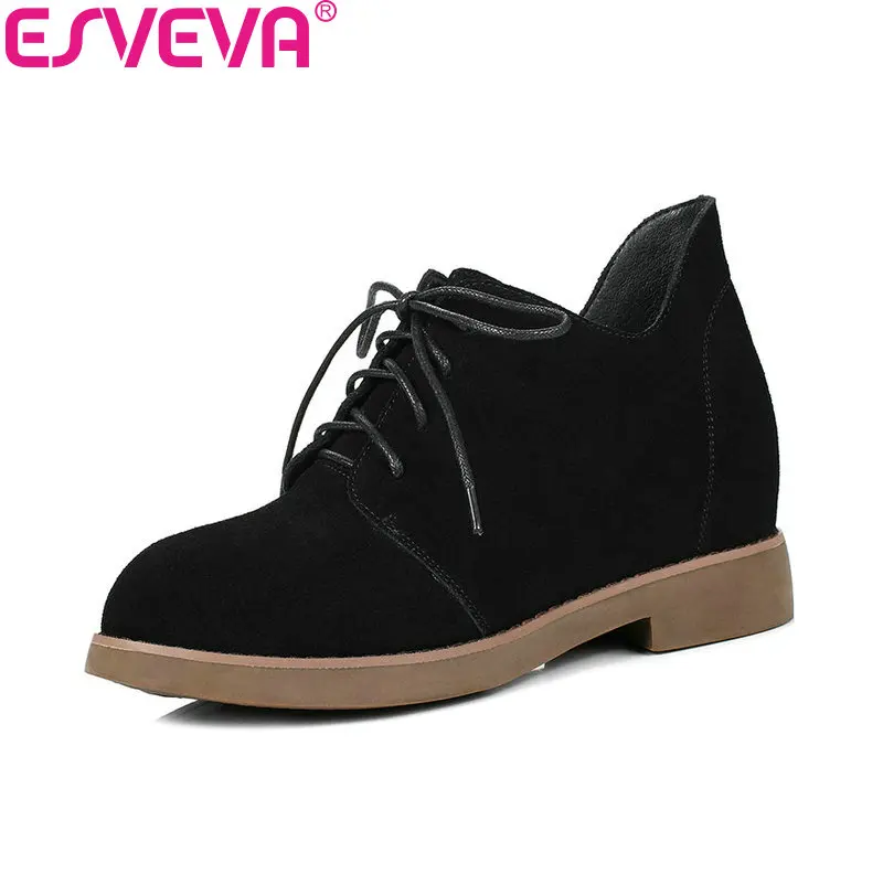 

ESVEVA 2018 Height Increasing Women Boots Cow Suede High Heel Ankle Boots Inside PU/synthetic Lace Up Ladies Boots Size 34-40